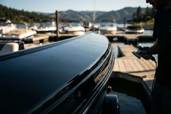 Restored boat hull after gelcoat polishing at marina