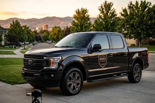 Professionally detailed truck at golden hour with mountain backdrop