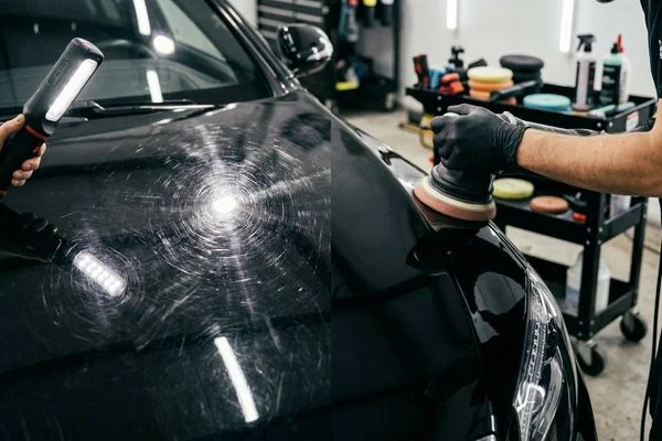Paint correction before and after showing swirl removal on dark paint
