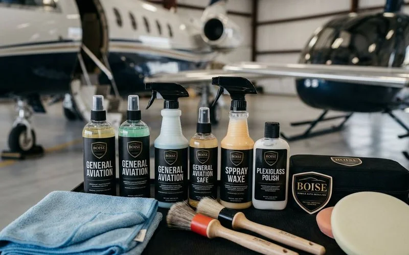 Aviation-safe cleaning products laid out alongside plexiglass polish and aircraft-specific detailing tools