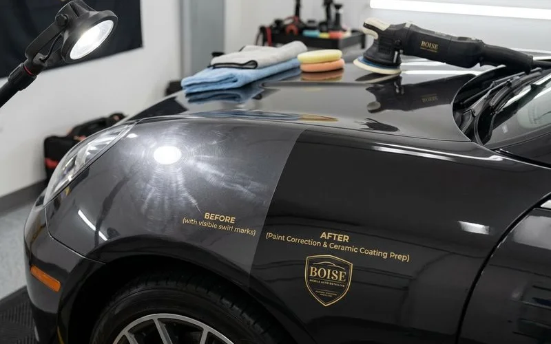 Before and after comparison showing paint correction results prior to ceramic coating application on vehicle