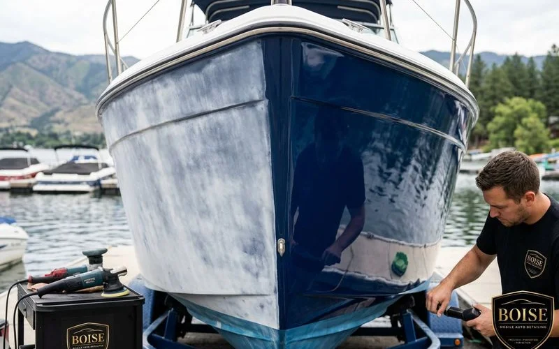 Boat hull showing oxidation removal process with half the gel coat restored to original gloss