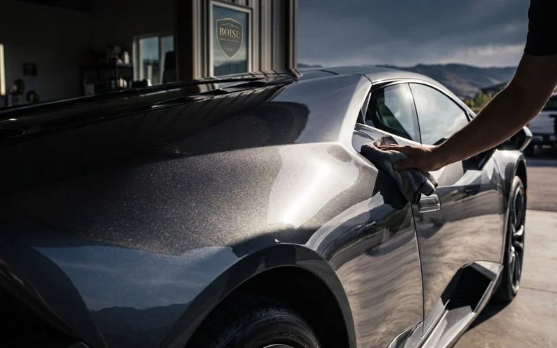 Ceramic coated vehicle gleaming in natural light showing realistic beautiful finish achieved with proper application