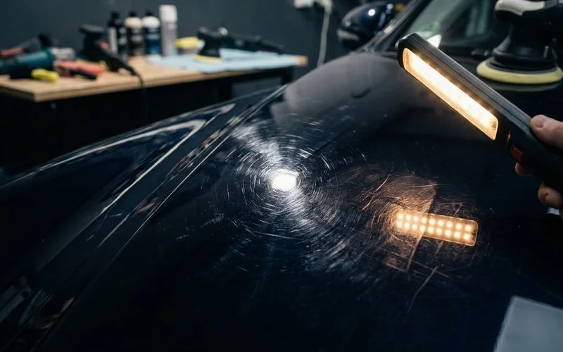 Close-up of vehicle paint under LED inspection light showing swirl marks before correction