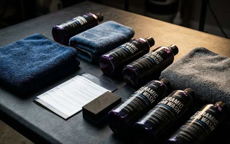 Array of ceramic coating safe maintenance products including pH neutral soap microfiber towels and coating booster