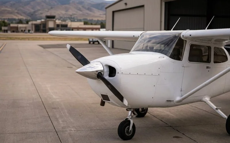 Completed aircraft detail showing clean fuselage, clear plexiglass, and polished spinner on private plane