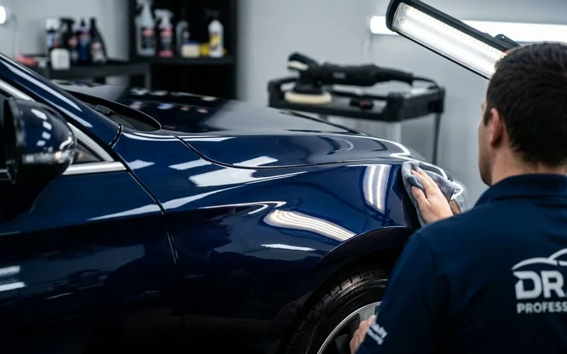 Completed exterior detail showing deep gloss on dark paint with protected finish