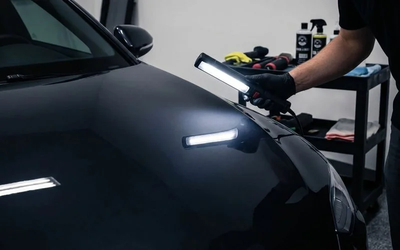 Flawless glossy vehicle paint finish after professional paint correction showing deep reflective clarity