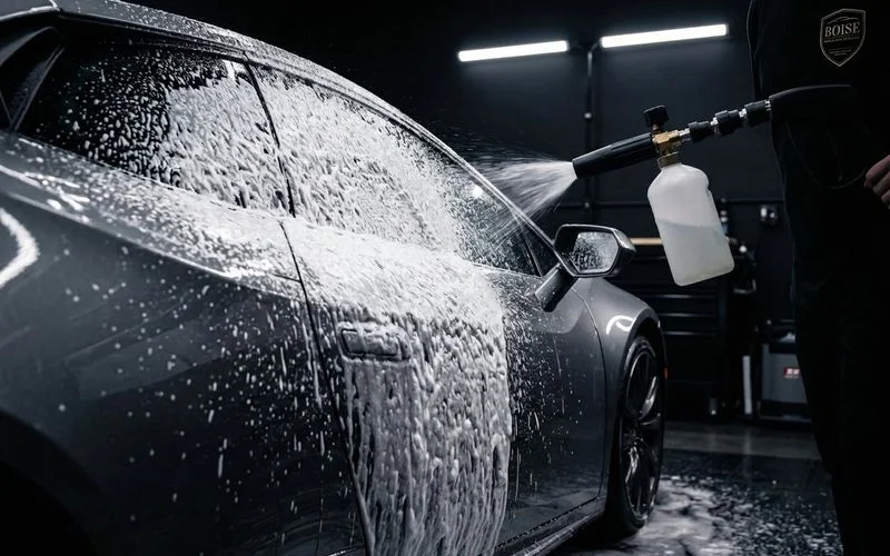 Professional detailer demonstrating proper foam cannon pre-wash technique on ceramic coated dark vehicle