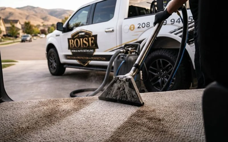 Interior detailing process showing hot water extraction on vehicle carpet fibers