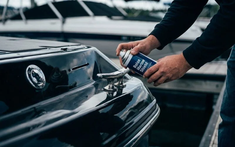 Marine hardware and metal fittings being cleaned and protected with corrosion inhibitor before winter storage