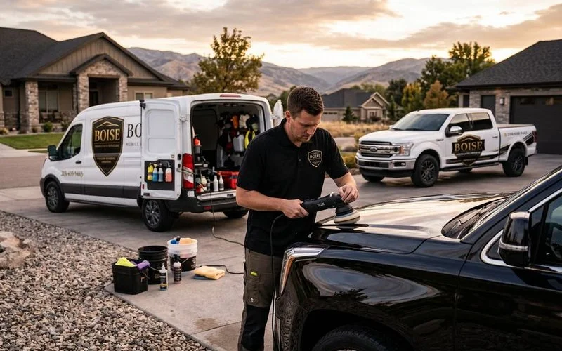 Mobile detailing professional providing focused one on one vehicle service in customer residential driveway