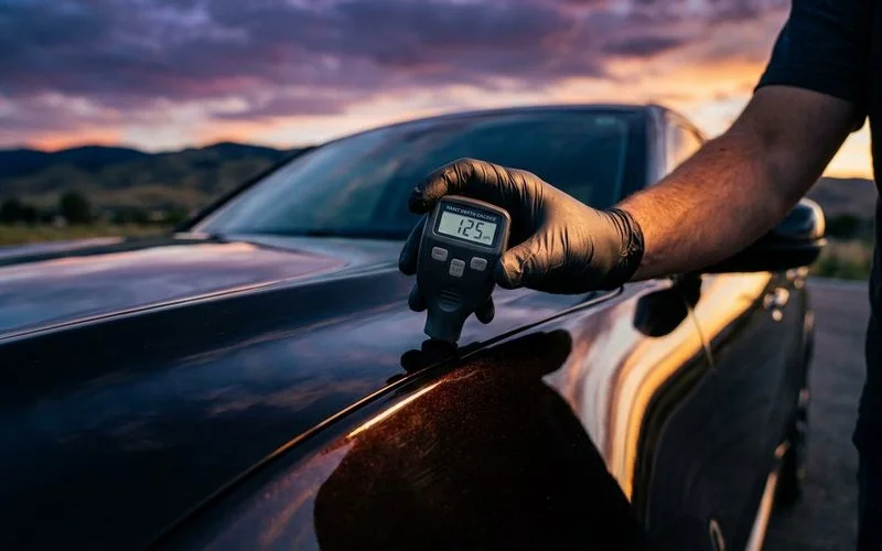 Professional paint depth gauge measuring clear coat thickness on vehicle panel before correction assessment