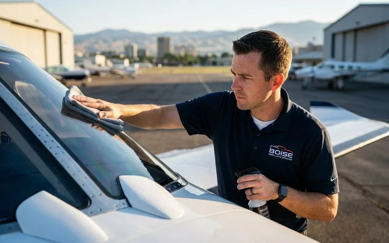 Pilot performing careful windshield inspection and cleaning during aircraft preflight check at Idaho airport