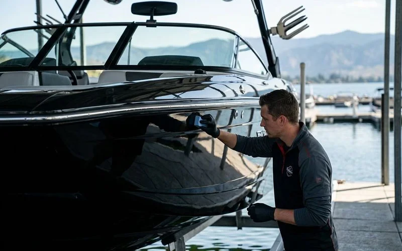 Professional applying marine ceramic coating to polished boat hull surface in controlled workshop environment