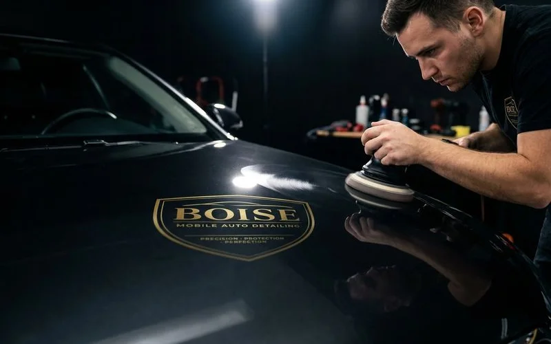 Professional detailer finishing ceramic coating application on luxury vehicle in controlled clean workspace