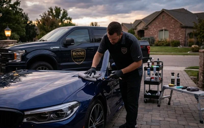 Detailing professional working on both interior and exterior of vehicle during comprehensive full detail