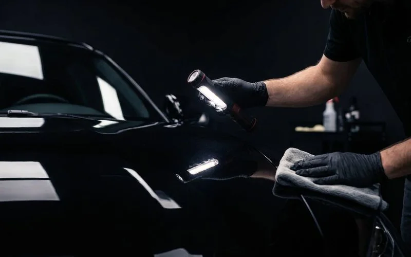 Detailing professional inspecting ceramic coated vehicle paint under LED inspection light for quality assurance