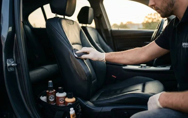 Leather car seat being conditioned with professional leather treatment product to prevent drying and cracking