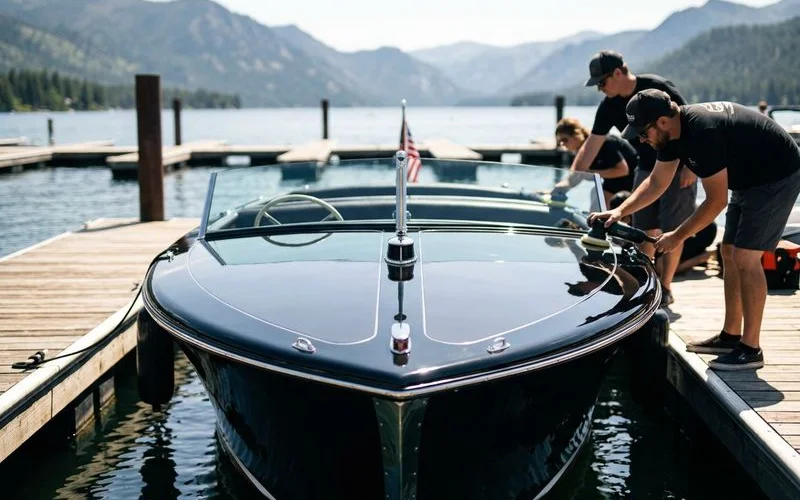 Beautifully restored boat with glossy gelcoat finish reflecting sunlight on an Idaho lake during summer