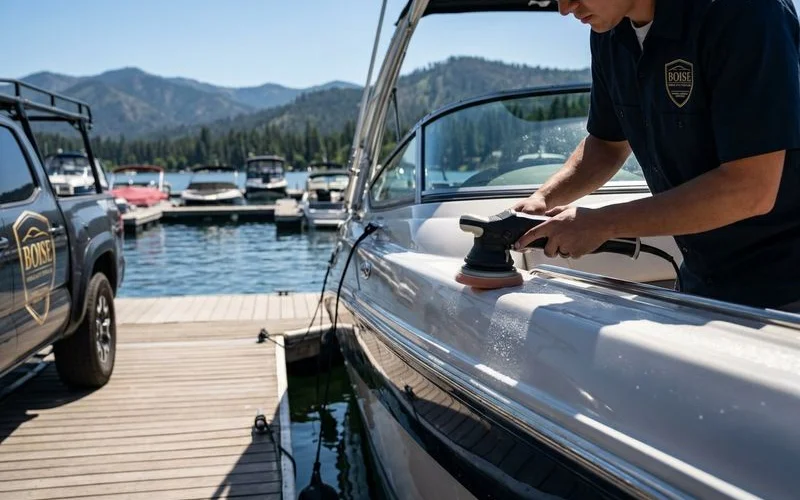 Polishing machine being used on boat hull surface to remove oxidation and restore gelcoat gloss finish