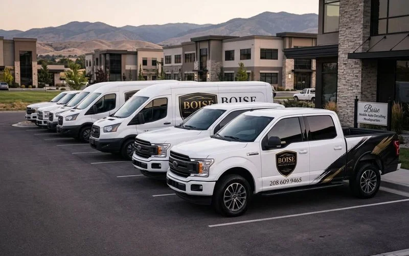 Row of clean commercial fleet vehicles with company branding at Boise business headquarters