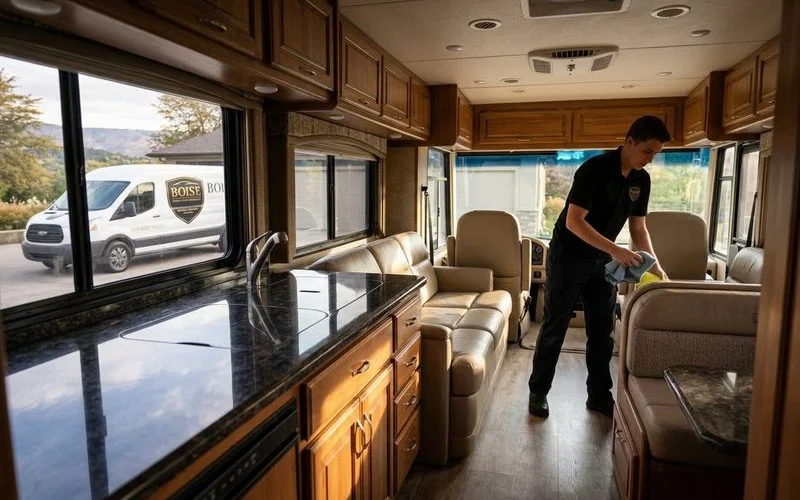 RV interior showing deep cleaned upholstery, polished surfaces, and fresh cabin environment