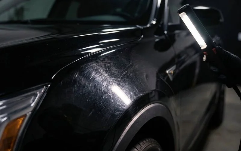 Close up of swirl marks on dark vehicle paint caused by repeated automatic car wash brush contact over time