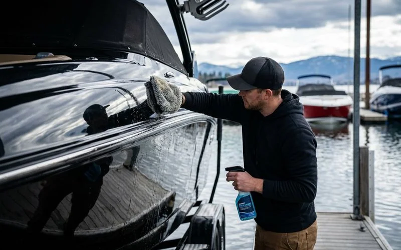 Boat hull being thoroughly washed and decontaminated before winter storage with marine cleaning products