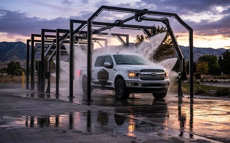 Touchless automatic car wash using high pressure water and chemical cleaners without brush contact on vehicle