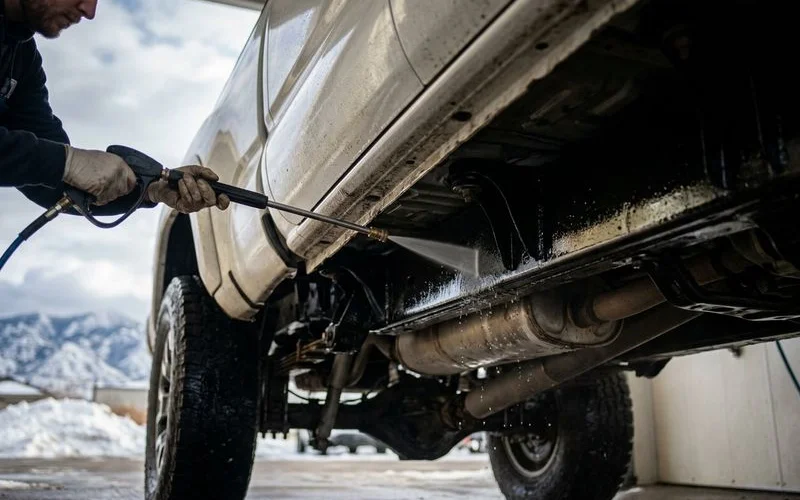 Vehicle undercarriage being rinsed to remove accumulated winter road salt and de-icing chemical residue