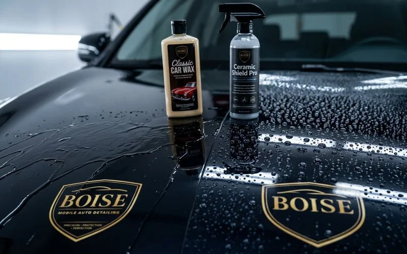 Water beading patterns compared on wax treated versus ceramic coated vehicle surfaces after light rain