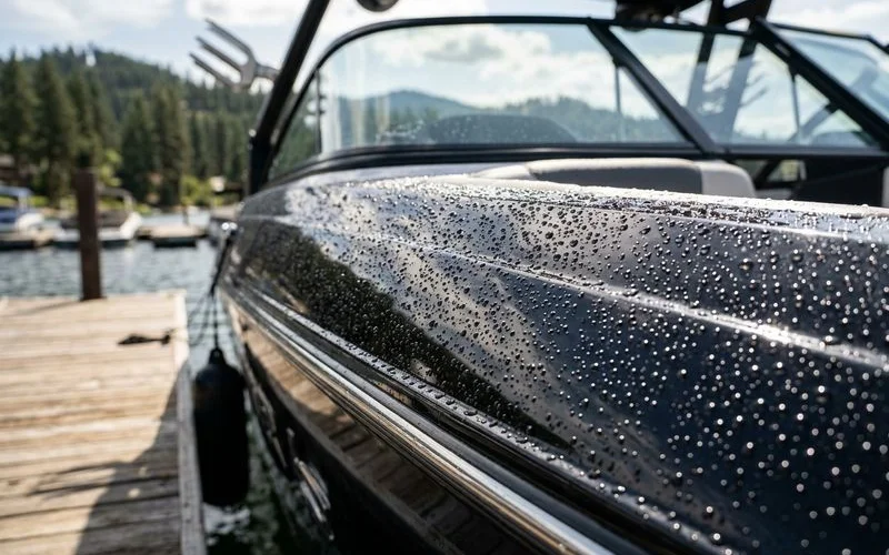 Water beading and sheeting off ceramic coated boat hull surface demonstrating strong hydrophobic marine protection